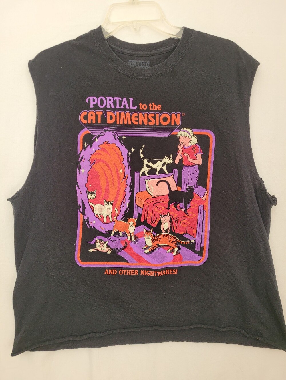 Steven Rhodes Cat Black Graphic Tee Cotton Sleeveless XL Distressed Halloween